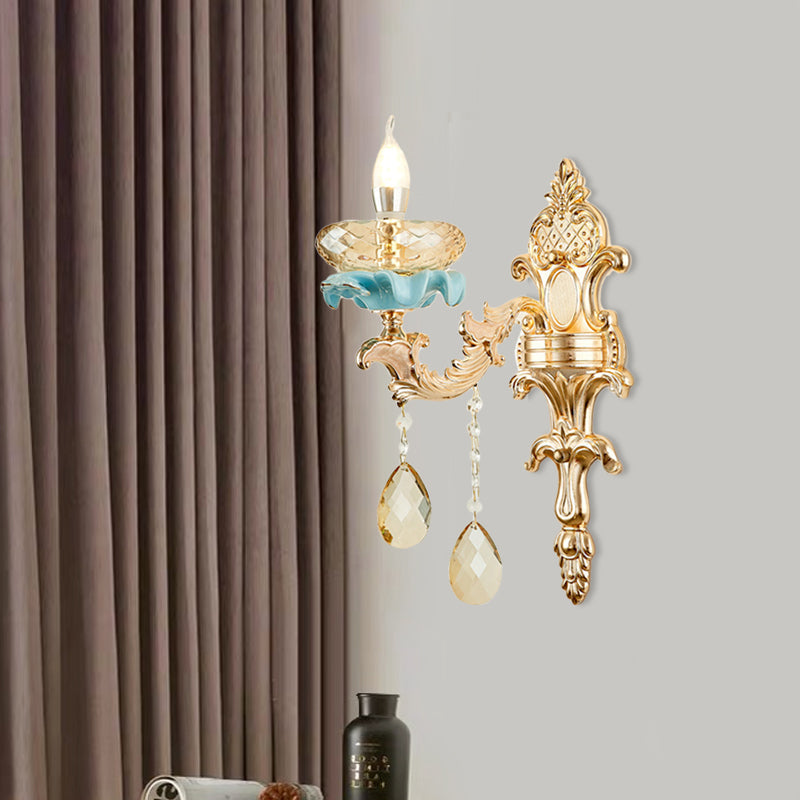 Avtoit | Antiqued Candle Holder Wall Mount Lamp 1/2-Light K9 Crystal Wall Sconce with Ceramic Plastic in Gold