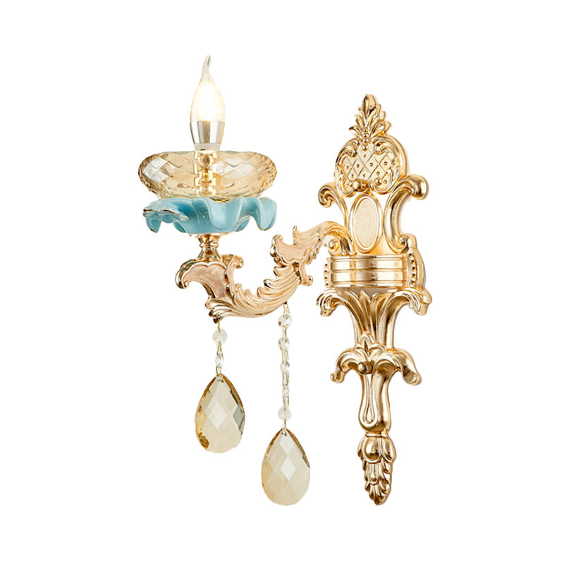 Avtoit | Antiqued Candle Holder Wall Mount Lamp 1/2-Light K9 Crystal Wall Sconce with Ceramic Plastic in Gold