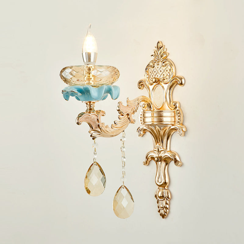 Avtoit | Antiqued Candle Holder Wall Mount Lamp 1/2-Light K9 Crystal Wall Sconce with Ceramic Plastic in Gold