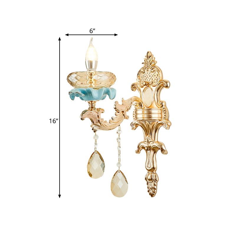 Avtoit | Antiqued Candle Holder Wall Mount Lamp 1/2-Light K9 Crystal Wall Sconce with Ceramic Plastic in Gold