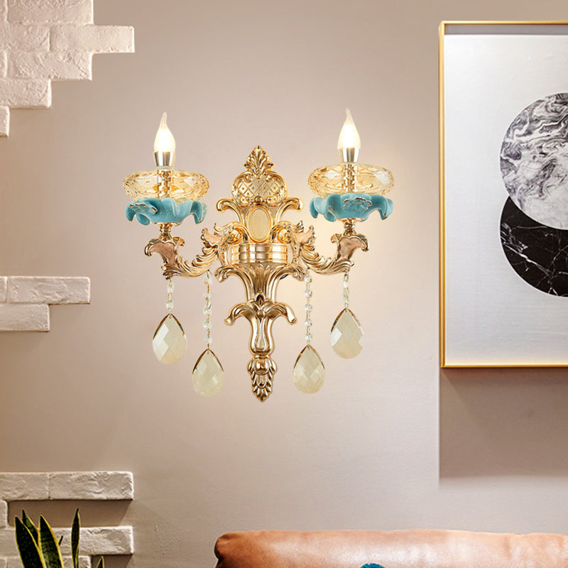 Avtoit | Antiqued Candle Holder Wall Mount Lamp 1/2-Light K9 Crystal Wall Sconce with Ceramic Plastic in Gold