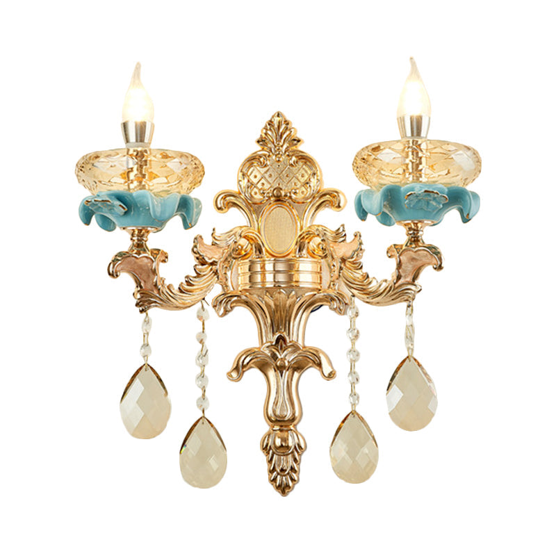 Avtoit | Antiqued Candle Holder Wall Mount Lamp 1/2-Light K9 Crystal Wall Sconce with Ceramic Plastic in Gold
