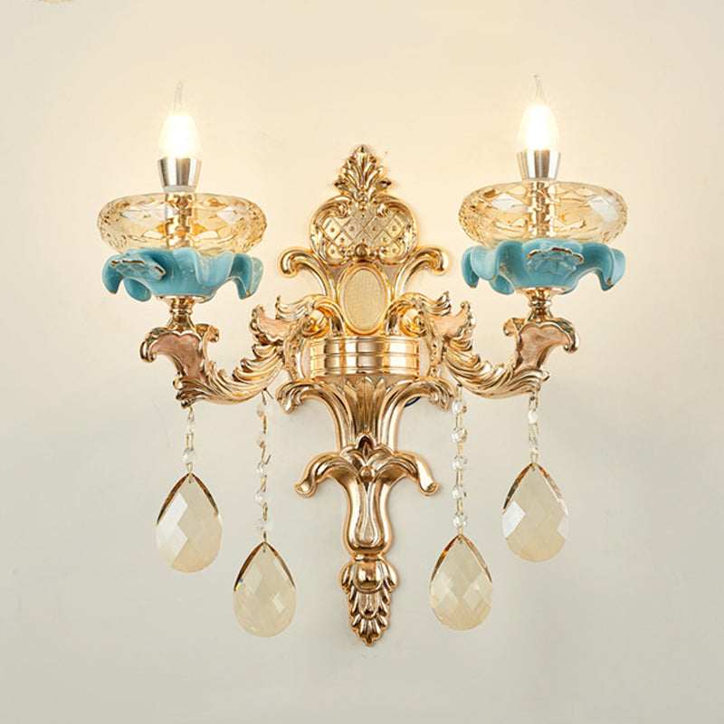 Avtoit | Antiqued Candle Holder Wall Mount Lamp 1/2-Light K9 Crystal Wall Sconce with Ceramic Plastic in Gold