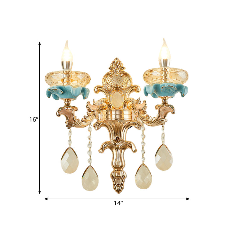 Avtoit | Antiqued Candle Holder Wall Mount Lamp 1/2-Light K9 Crystal Wall Sconce with Ceramic Plastic in Gold