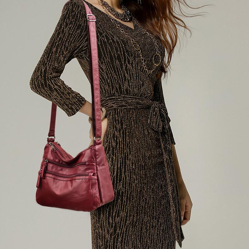 PU Leather Shoulder Bag with Zipper Pockets and Adjustable Strap