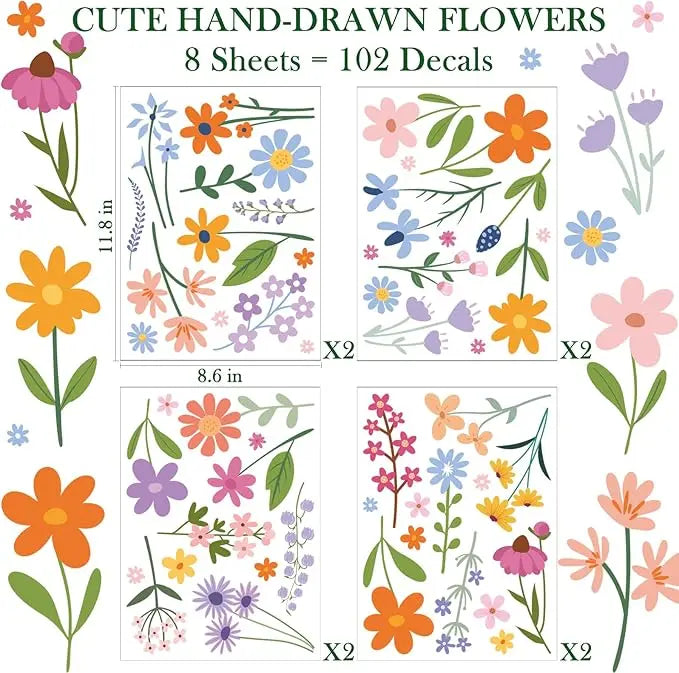 Avtoit | 8 Sheets Spring Flowers Wall Stickers – 102 Self-Adhesive Designs for a Fresh Home!