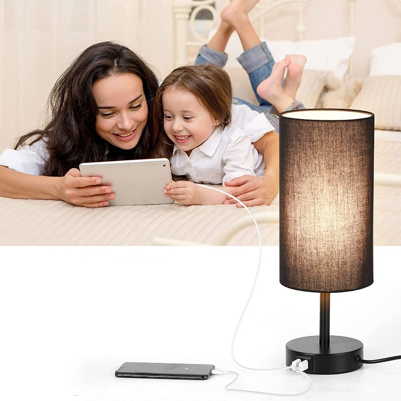 Avtoit | Lamp with USB connection Touch-Control Table Lamp for Bedroom Wood 3-stage dimmable Bedside Lamp with Round Linen Fabric Shade for Living Room, Student Dorm, Home Office
