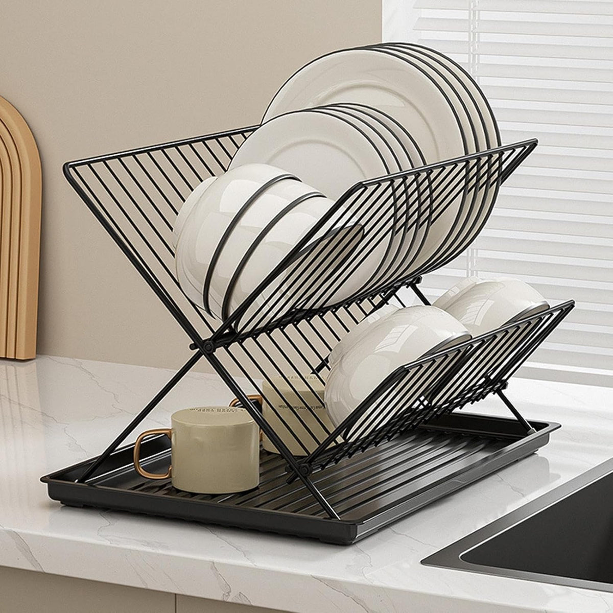 Avtoit | Folding Dish Drying Rack – 2-Tier Countertop Drainer with Detachable Tray – Kelvra