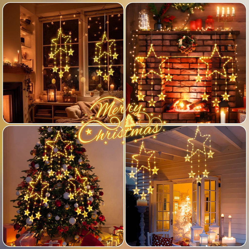 Avtoit | Quntis 2Pcs 95cm Large Christmas Window Lights, 84LED 12 Stars Battery Operated Christmas Silhouette Sparkle Star Lights with Timer Memory, 8 Modes Xmas Indoor Outdoor Hanging Decoration, Warm White