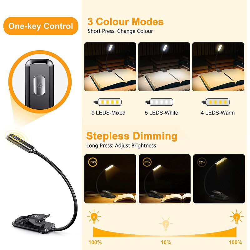Avtoit | Buy 9 LED USB rechargeable reading lamp for reading in bed - eye-friendly, stepless dimmable | Small lightweight clip-on reading lamp