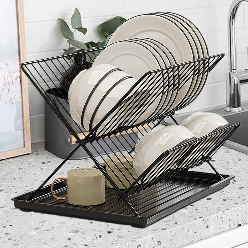 Avtoit | Folding Dish Drying Rack – 2-Tier Countertop Drainer with Detachable Tray – Kelvra