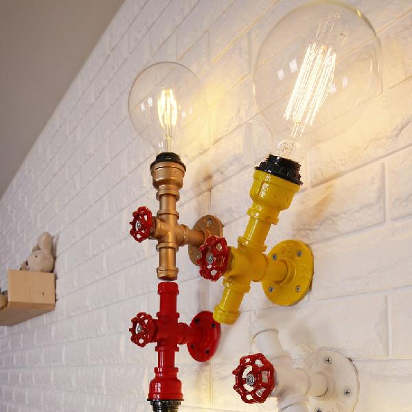 Avtoit | Metallic Pipe Wall Light Industrial 1 Bulb Farmhouse Wall Lamp with Raw Valve in White/Red, 1/5-Pack