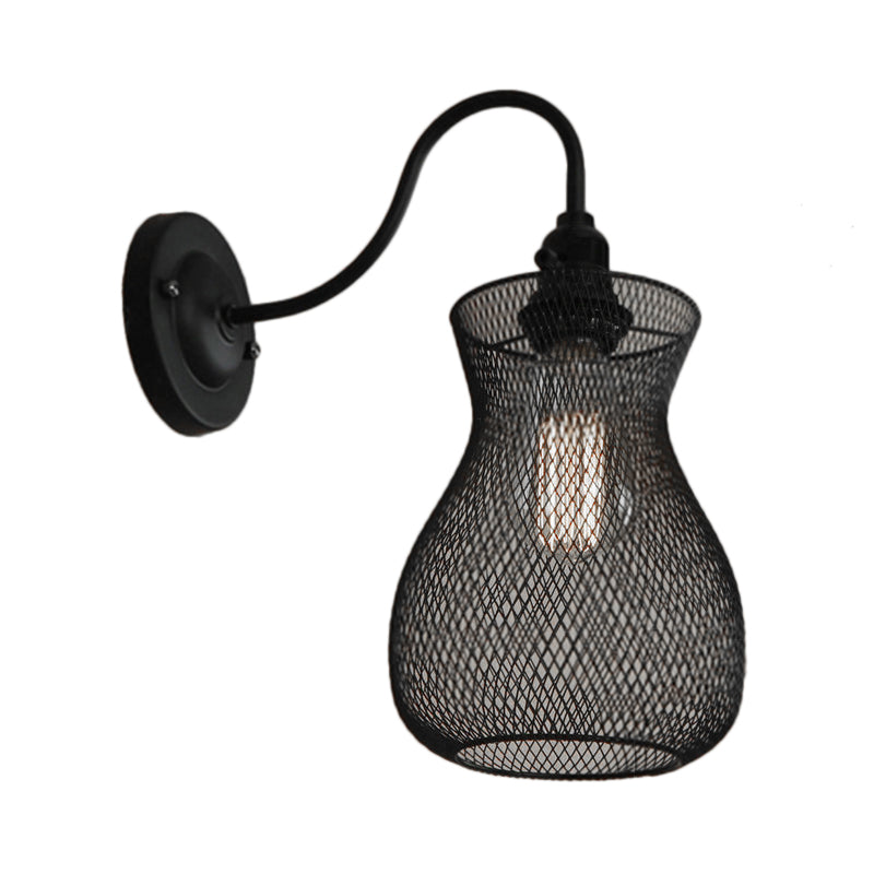 Avtoit | 1 Bulb Vase Shape Wall Sconce with Mesh Shade Industrial Style Black Metal Wall Light for Hallway