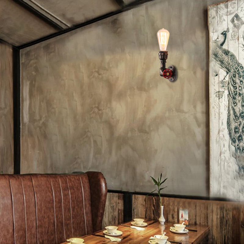 Avtoit | Metallic Bronze Wall Lamp with Pipe Shade 1 Head Vintage Industrial Wall Light with Red Valve Decor