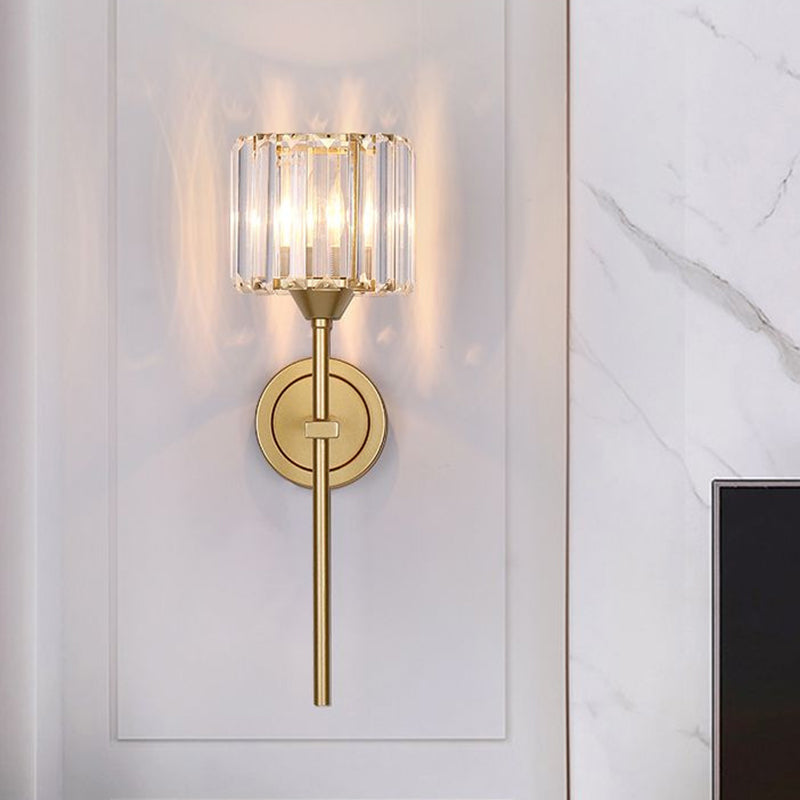Avtoit | Simplicity Cylindrical Wall Lamp 1 Head Clear Crystal Block Wall Lamp in Gold with Pencil Arm