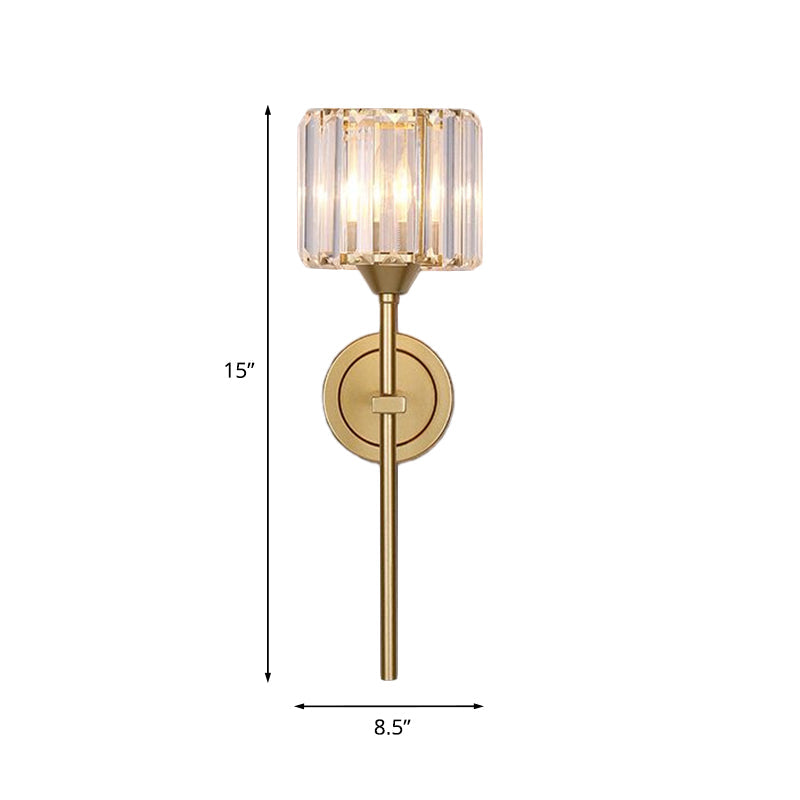 Avtoit | Simplicity Cylindrical Wall Lamp 1 Head Clear Crystal Block Wall Lamp in Gold with Pencil Arm