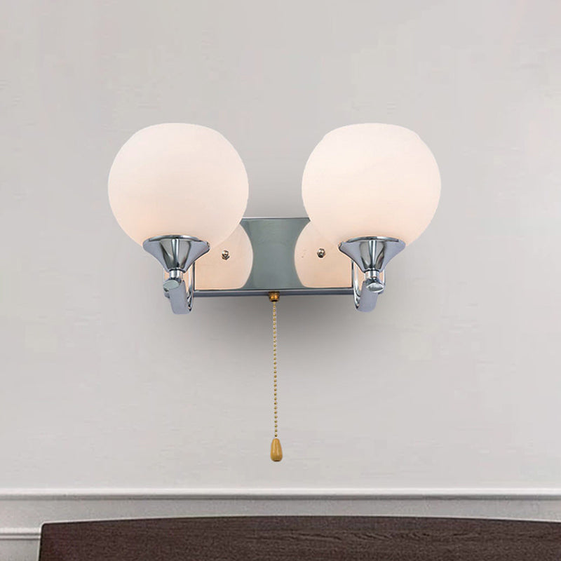 Avtoit | Cream Glass Global Wall Mount Light Modern 2-Head Chrome Wall Sconce with Pull Chain