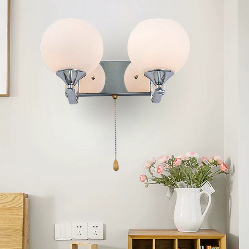 Avtoit | Cream Glass Global Wall Mount Light Modern 2-Head Chrome Wall Sconce with Pull Chain