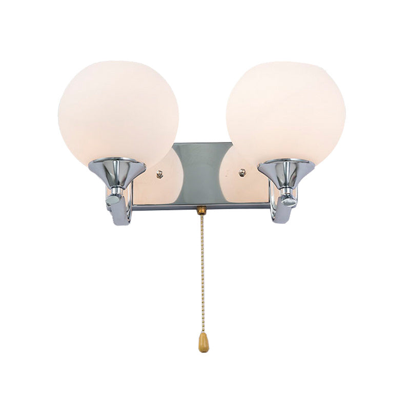 Avtoit | Cream Glass Global Wall Mount Light Modern 2-Head Chrome Wall Sconce with Pull Chain