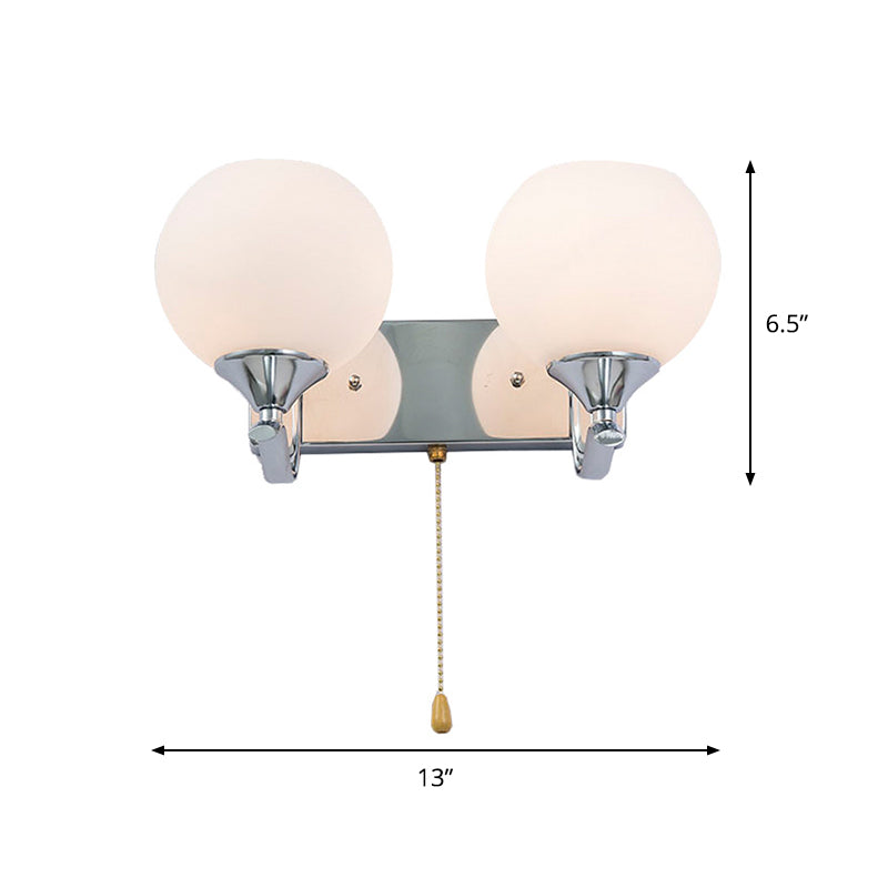 Avtoit | Cream Glass Global Wall Mount Light Modern 2-Head Chrome Wall Sconce with Pull Chain