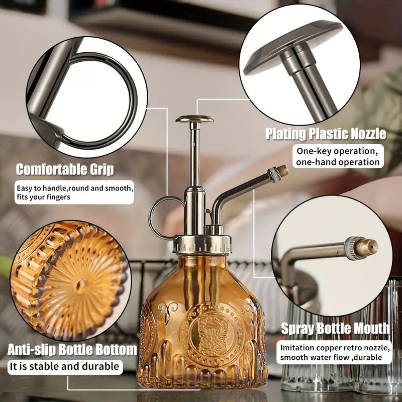 Avtoit | Embossed glass bottle with metal nozzle – Plant sprayer for flower watering in vintage design