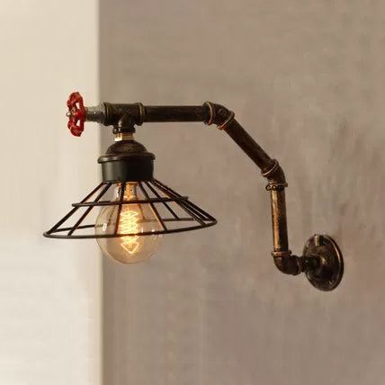Avtoit | 1 Light Bulb Wire Cone Wall Lighting with Pipe Design Vintage Industrial Bronze Finish Metal Wall Lamp