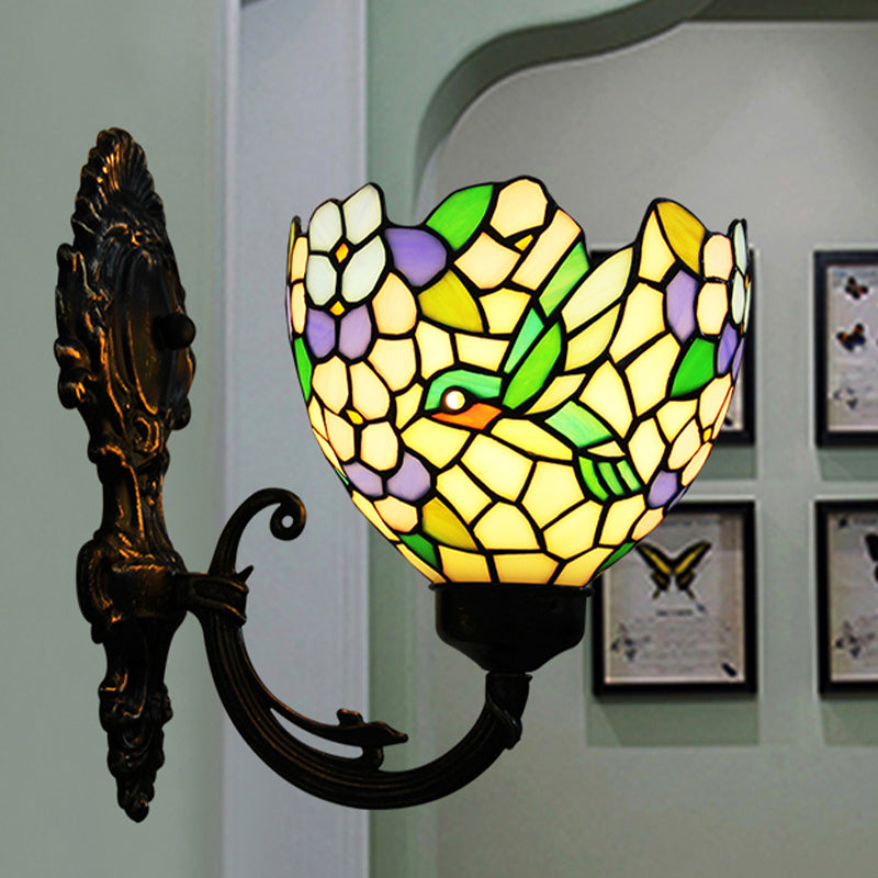 Avtoit | 1-Light Wall Sconce Baroque Flower Hand-Cut Glass Wall-Mounted Lighting in Bronze with Swirl Arm