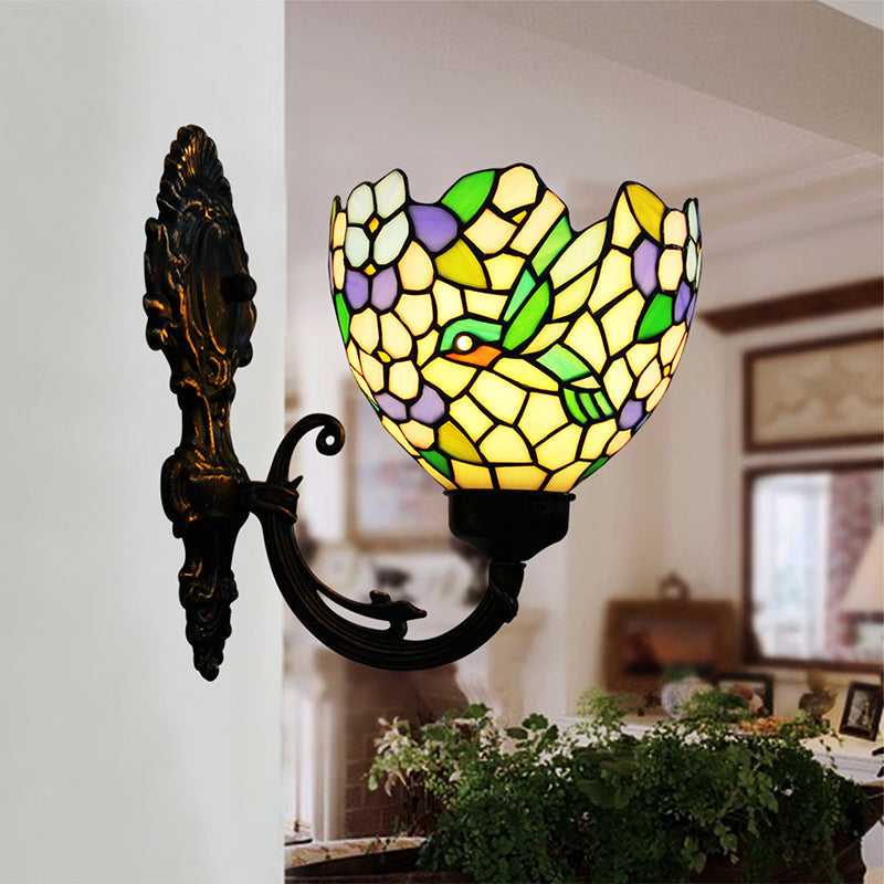 Avtoit | 1-Light Wall Sconce Baroque Flower Hand-Cut Glass Wall-Mounted Lighting in Bronze with Swirl Arm