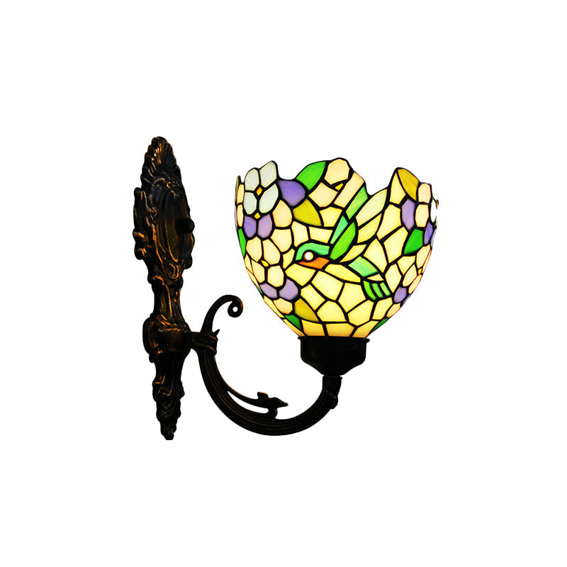 Avtoit | 1-Light Wall Sconce Baroque Flower Hand-Cut Glass Wall-Mounted Lighting in Bronze with Swirl Arm