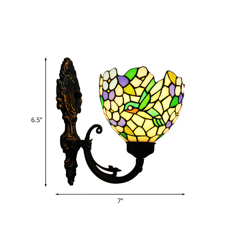 Avtoit | 1-Light Wall Sconce Baroque Flower Hand-Cut Glass Wall-Mounted Lighting in Bronze with Swirl Arm