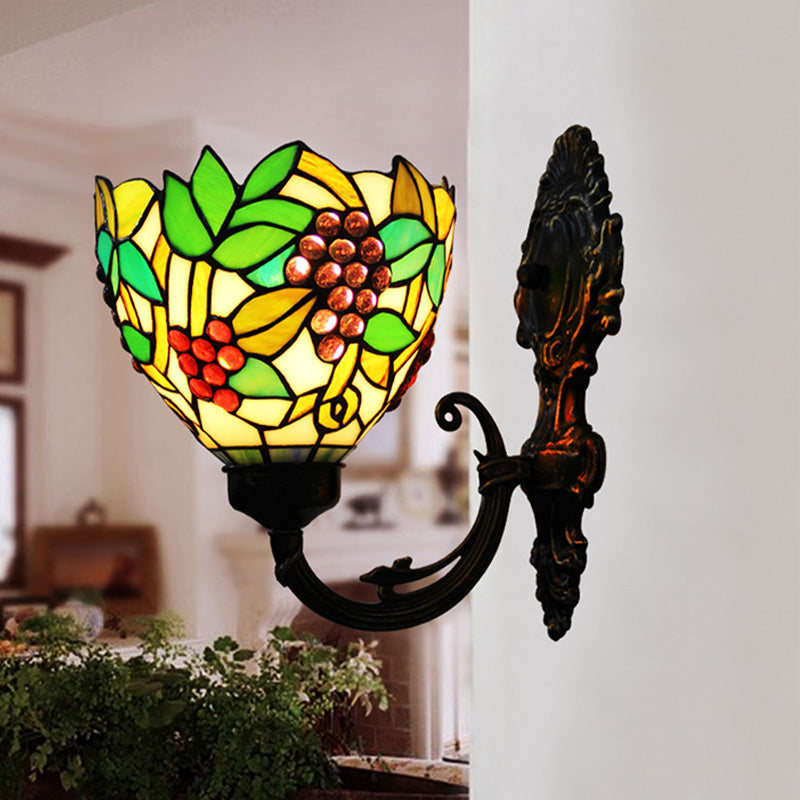 Avtoit | Tiffany Bowl Wall Lamp 1 Head Etched Glass Grape Pattern Wall Mount Lamp in Green and White/Black