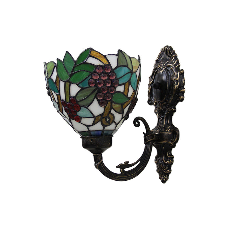 Avtoit | Tiffany Bowl Wall Lamp 1 Head Etched Glass Grape Pattern Wall Mount Lamp in Green and White/Black