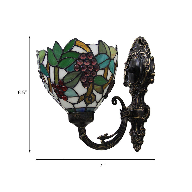 Avtoit | Tiffany Bowl Wall Lamp 1 Head Etched Glass Grape Pattern Wall Mount Lamp in Green and White/Black