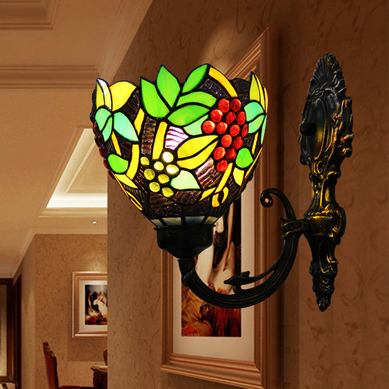 Avtoit | Tiffany Bowl Wall Lamp 1 Head Etched Glass Grape Pattern Wall Mount Lamp in Green and White/Black