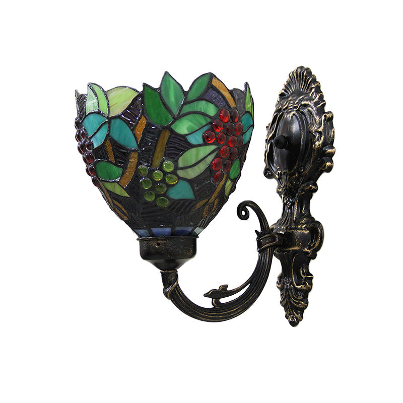Avtoit | Tiffany Bowl Wall Lamp 1 Head Etched Glass Grape Pattern Wall Mount Lamp in Green and White/Black