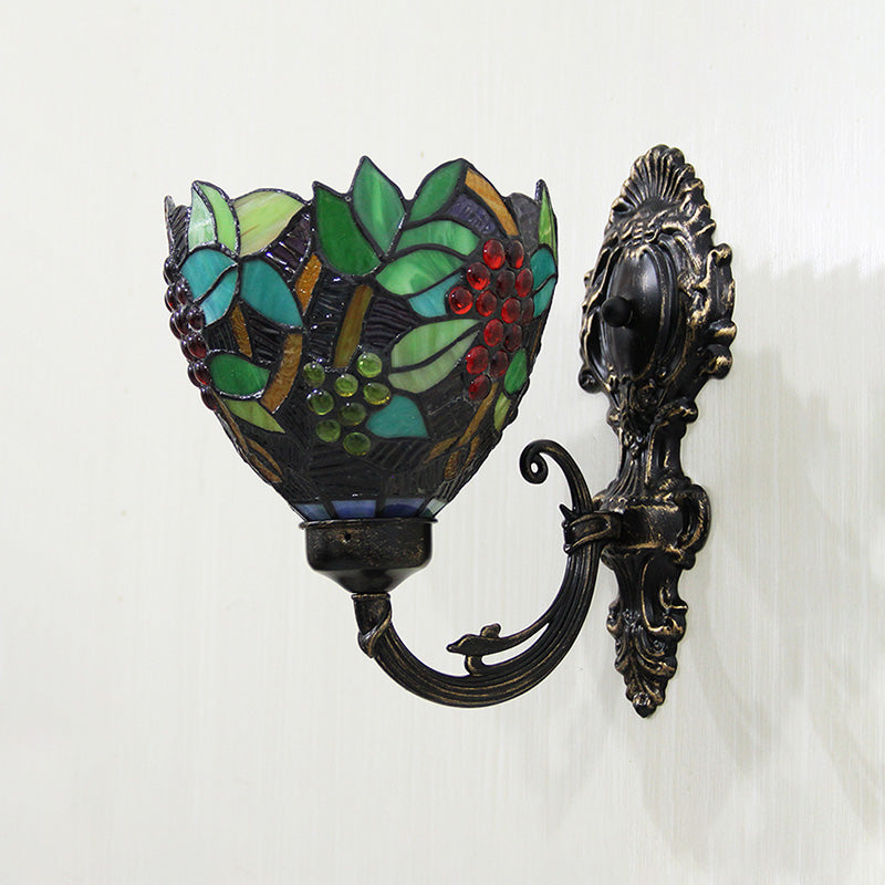 Avtoit | Tiffany Bowl Wall Lamp 1 Head Etched Glass Grape Pattern Wall Mount Lamp in Green and White/Black