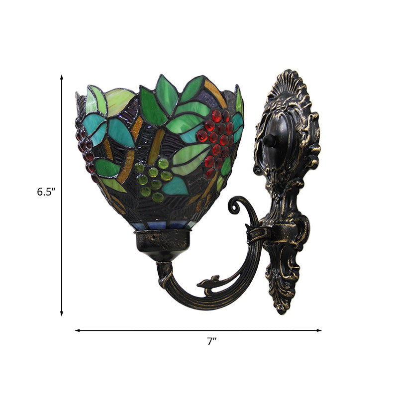 Avtoit | Tiffany Bowl Wall Lamp 1 Head Etched Glass Grape Pattern Wall Mount Lamp in Green and White/Black