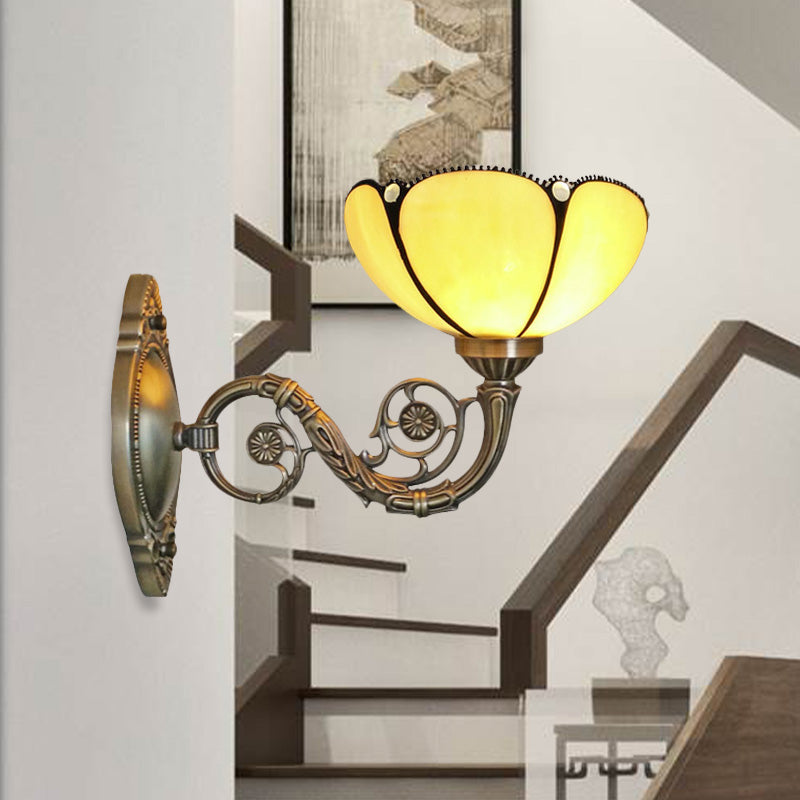 Avtoit | Bronze 1 Light Wall Sconce Baroque Beige Colored Glass Fluted Wall Lamp with Curved Arm