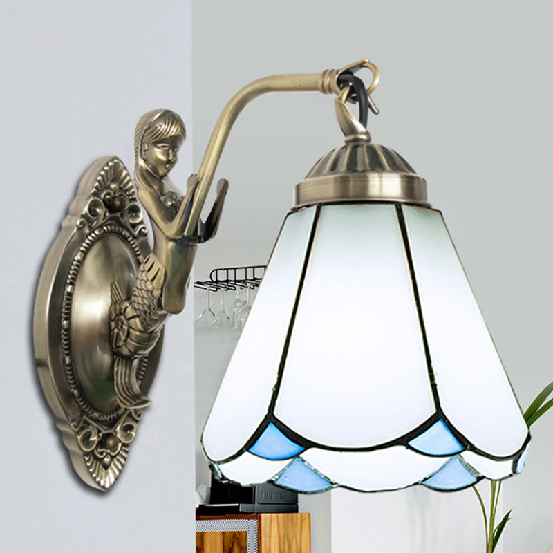 Avtoit | 1 Head Cone-shaped Wall Sconces Lighting Mission White/Beige Glass Wall-mounted Light Set with Mermaid Backplate