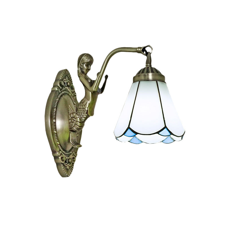 Avtoit | 1 Head Cone-shaped Wall Sconces Lighting Mission White/Beige Glass Wall-mounted Light Set with Mermaid Backplate