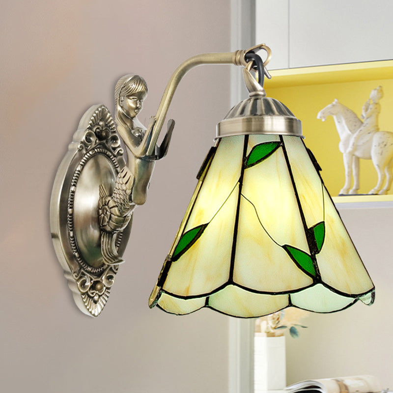 Avtoit | 1 Head Cone-shaped Wall Sconces Lighting Mission White/Beige Glass Wall-mounted Light Set with Mermaid Backplate