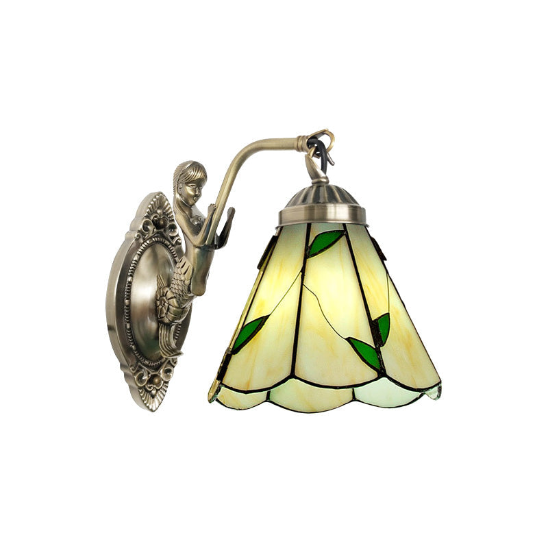 Avtoit | 1 Head Cone-shaped Wall Sconces Lighting Mission White/Beige Glass Wall-mounted Light Set with Mermaid Backplate