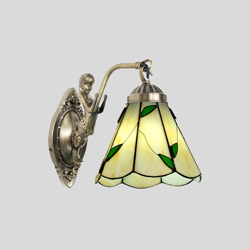 Avtoit | 1 Head Cone-shaped Wall Sconces Lighting Mission White/Beige Glass Wall-mounted Light Set with Mermaid Backplate