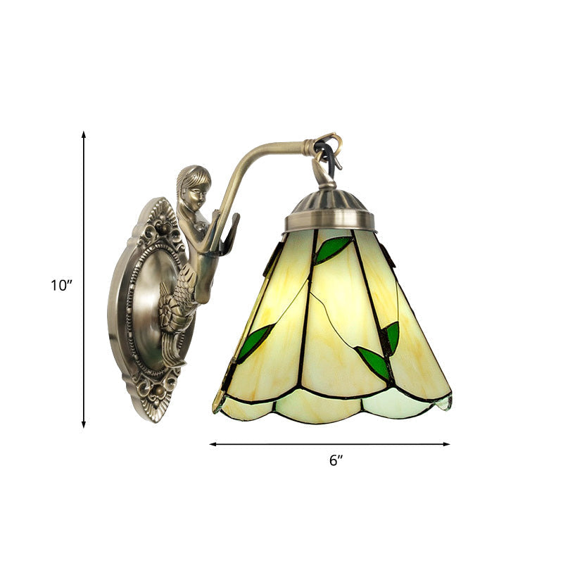 Avtoit | 1 Head Cone-shaped Wall Sconces Lighting Mission White/Beige Glass Wall-mounted Light Set with Mermaid Backplate
