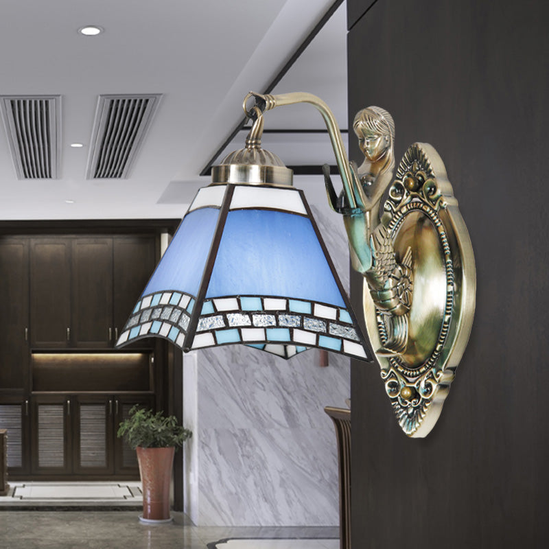 Avtoit | Trapeze Wall Lamp Mission Blue Cut Glass 1-Light Bronze Wall Mount Lamp with Mermaid Arm