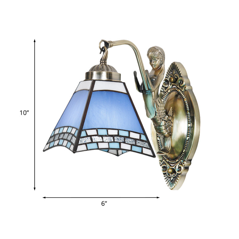 Avtoit | Trapeze Wall Lamp Mission Blue Cut Glass 1-Light Bronze Wall Mount Lamp with Mermaid Arm