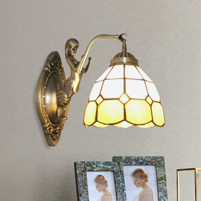 Avtoit | 1 Bulb Living Room Wall Mounted Light Baroque Bronze Mermaid Wall Lamp with Grid Dome Dark/Richtersky Blue and White Glass Shade