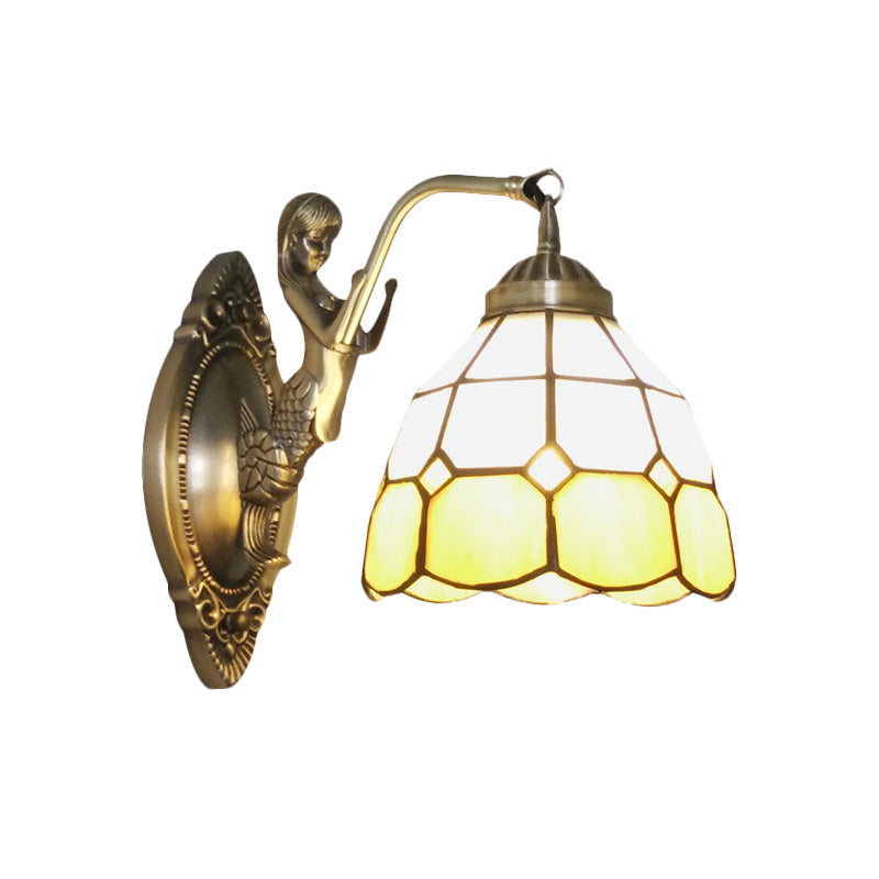 Avtoit | 1 Bulb Living Room Wall Mounted Light Baroque Bronze Mermaid Wall Lamp with Grid Dome Dark/Richtersky Blue and White Glass Shade