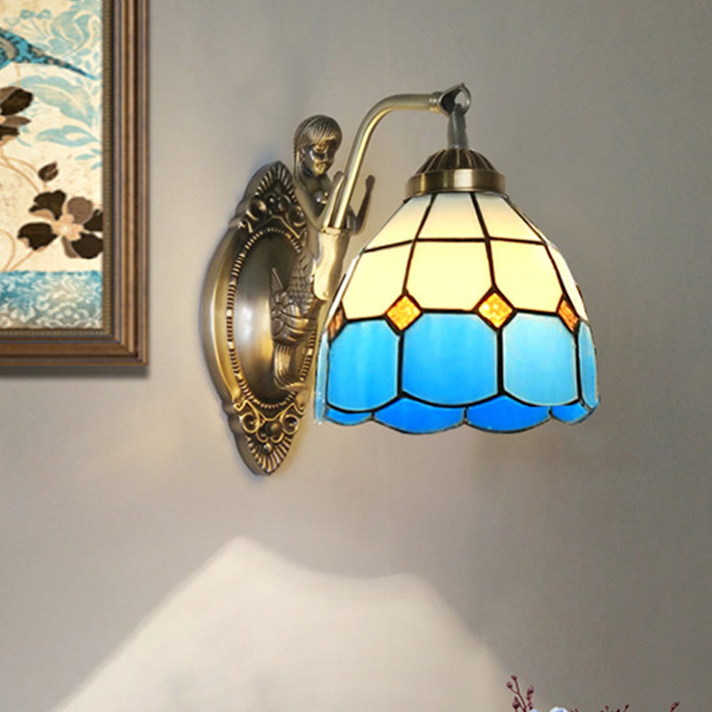 Avtoit | 1 Bulb Living Room Wall Mounted Light Baroque Bronze Mermaid Wall Lamp with Grid Dome Dark/Richtersky Blue and White Glass Shade