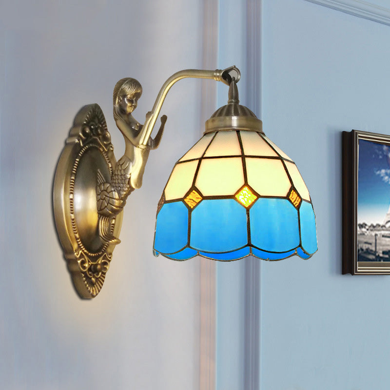 Avtoit | 1 Bulb Living Room Wall Mounted Light Baroque Bronze Mermaid Wall Lamp with Grid Dome Dark/Richtersky Blue and White Glass Shade